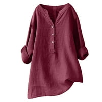 Pejock žene pamučne i posteljine ljetni casual gumb dolje tuničke majice modni čvrsti dugi rukav V-izrez