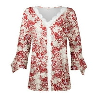Ženski vrhovi Ženska majica Jesen Bluze V izrez Graphic Print casual tops crveni s