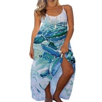 Voguele Women Ljeto plaža Sundress Turtle Print Long Maxi haljina bez rukava bez rukava za odmor Casual