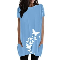 Žene Thirts Ležerne prilike O-izrez Jednobojni džep leptir tiskane duge majice TOP odmor za odmor Dailywer