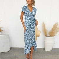 Ležerna haljina plaža Maxi haljina A-line kratki kratki rukav tiskani plavi l
