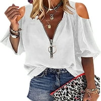 HAITE Summer Zip V izrez za žene Ležerne prilike na pola rukava Basic Tops bluze