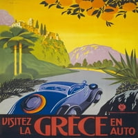 Francuski putnički poster prikazuje automobilsku vožnju uz cestu u Grčkoj historiji