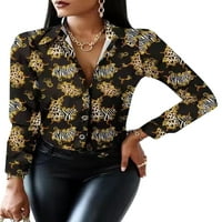 Beiwei Dame Elegant Leopard Print majice Polka Dots Loose Tunic Majica rever izrez Tops Tamno Brown