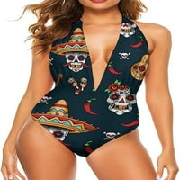 Meksičke šećerne lubanje čili smiješne žene Halter V izrez jedno kupaće kostim kupaćim kupaćim kupaćim