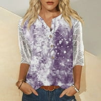 Ženski rukav APEPAL Plus veličine Henley V Crt Gumb Up Flowy T košulje Tunic Lape bluze Purple 5xL