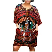 Leesechin Womens Ljetne haljine čišćenje Žene Modni afrički vintage Print Srednji rukav V izrez Casual