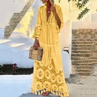 HHEI_K modna casual boemska velika veličina V-izrez čvrste boje čipke tassel duga haljina