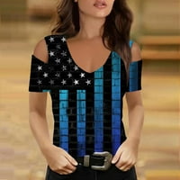 Yyeselk 4. srpnja Ženski bluze Ležerne prilike za kratke rukave bez ramena Seksi V-izrez udobne košulje Trendi Američka zastava Ispiši ženske patriotske vrhove plavi xxl