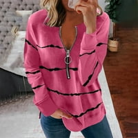 Moonker Womens Holiday Tops bluza TEE majica Top Pringting Stripe Pink patentni zatvarač dugih rukava
