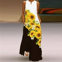 Wendunide haljine za žene, žene bez rukava print V-izrez Maxi haljina ljetna zabava Cami haljina s džepovima žuta