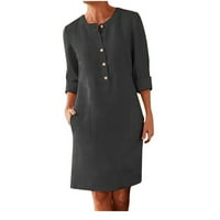 Tkinga moda Žene Ljetna casual košulja dugih rukava okrugli vrat Midi radne haljine sa džepnim crnim