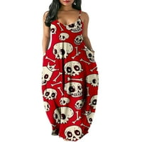 HAITE Women Spaghetti trake Skull Print Ljeto plaža Sundurs Loose sa džepovima Dugi haljina Halloween