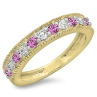 Kolekcija Dazzlingock 14k Round Pink Sapphire & White Diamond Millgrain Vjenčani nosač, žuto zlato,