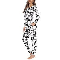 PZUQIU WOOD PJ set dugih rukava pidžama toplota zimska proljetna za spavanje, rastezljiva crtana panda