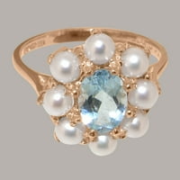 Britanci napravio je 14k Rose Gold Prirodni akvamarin i kultivirani biserni ženski Obećani prsten -