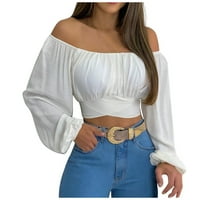 Cuoff bluze za ženske modne ležerne ljeto od ramena križa kaiševe na dugih rukava na vrhu bijelog 1x