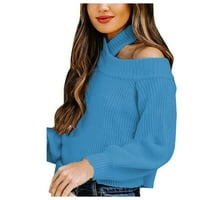 Entyinea ženska zimska pletena modna džemper za ispis sa puffnim rukavima plavi xxl