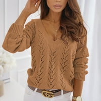 Ženski modni džemperi za žene plus veličine jesen i zimska solidna boja šuplje V-izrez dugim rukavima