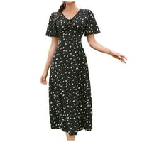 PXIAKGY Ljeto Ženska haljina Slim Fit elegantna cvjetna kratka rukava duga suknja šifonska haljina crna