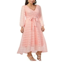 Colisha ženske duge haljine V izrez Maxi haljine rukavice s rukavima švicarske točke ružičasti xl