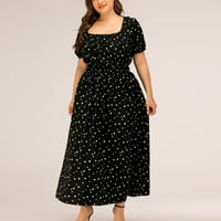 Qolati ženske plus veličine ljetne haljine trendi kvadratni vrat puffy rukave polka tat print maxi haljina