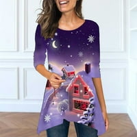 Božićne košulje Žene okrugla vrat Ležerna majica Dugih rukava Bluza Prstur Purple XXL