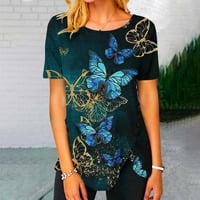 TKLpehg Womens Top Ljeto Kratki rukav Trendy Slatki leptir tiskani okrugli vrat Tunnic majice HEM tipke