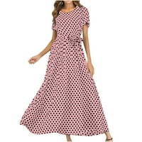 Umfun ženska ljetna haljina casual s kratkim rukavima Boho haljina na plaži polka dot zavoj duga maxi