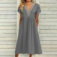 Ženske ljetne haljine dame V izrez čipka džep kratki rukav labav moda Elegantna casual haljina za žene sivi xl