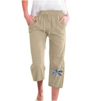 Borniu Capris za žene, Ležerne prilike ispisa elastične labave hlače Ravne široke pantalone za noge
