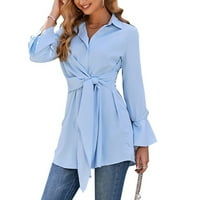 Bluza, labava bluza Hem čista boja skrenite ovratnik ruffle rukave podnesak za uredsko svijetlo plavo