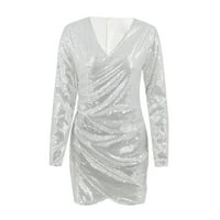 Duge haljine za ženska posadna vrata casual tiska dugih rukava labava haljina srebrna m