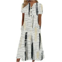 Ležerne haljine za žene kratki rukav A-line Dužina gležnja, labavi ispisani V-izrez Dress Grey M