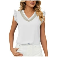 Bazyrey ženska bluza ženska modna čipka kontrast V-izrez kratki rukav labav šifon top bijeli xxl