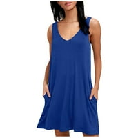Žene Ljetne casual labave majice haljine na plaži V-izrez Džepne haljine, plava