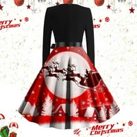 Božićne haljine za žene vintage tiskane haljine s dugim rukavima, crvena, l
