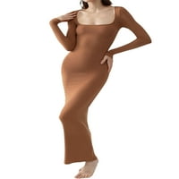 Ženska dugačka haljina bodycon pune boje pletena rebraste kvadratne rupe haljina s dugim rukavima Spring
